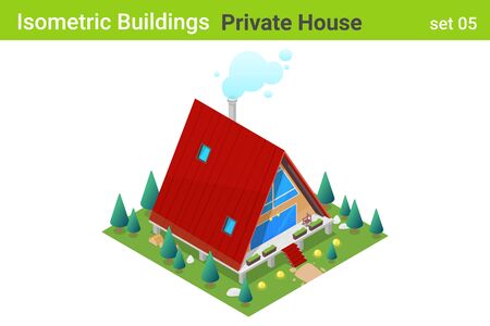 Isometric Cottage Private House with backyard garden Building flat vector collection.のイラスト素材