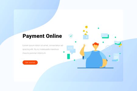 Man makes Secure safety Online Payment Flat vector illustration. Landing Page design template.のイラスト素材