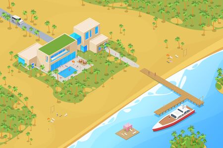 Isometric Villa house with Yacht on berth Sea Ocean tropical beach Flat Vector illustration.のイラスト素材