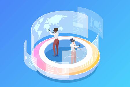 People operating Holographic interface HUD Isometric Flat vector illustration. Virtual Augmented reality Future technology concept.のイラスト素材