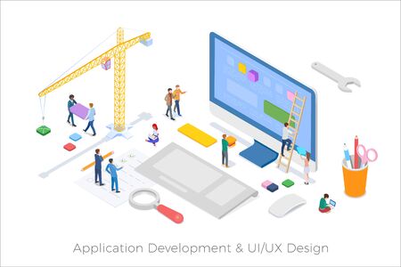 Isometric Application Development UI UX design flat design vector illustration.
People building app with computer as construction siteのイラスト素材