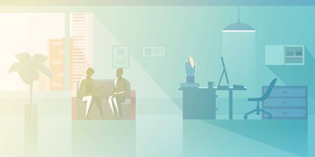 Reception at Psychologist doctor's office Flat vector illustration. Doctor sitting with Patient on sofa in Medical Clinic interior collection.のイラスト素材