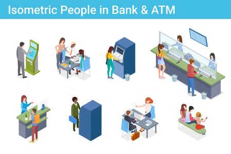 Isometric People in Bank ATM Cash-desk Pay Terminal flat vector illustrationのイラスト素材
