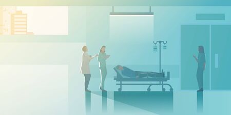 Doctor and Nurse in resuscitation medical ward of Patient in bed Flat vector illustration. Medical Clinic interior collection.のイラスト素材