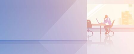 Office interior open-space flat design vector illustration. Businessman Boss top manager sitting working with laptop talking on phone.のイラスト素材