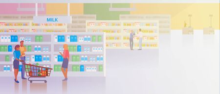 People shopping in Supermarket Store Shop Mall Flat vector illustration. Couple Man and Woman buying products food with shopping cart walking near Fruits and Vegetables.のイラスト素材