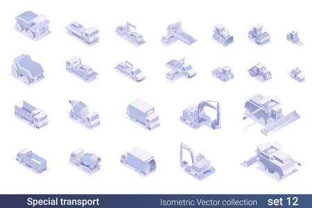 Isometric Flat 3D Special Transport Cars Vehicle vector collection: &#xA;Truck, garbage truck, tow truck, bulldozer, harvester, concrete truck, excavator, loader carのイラスト素材