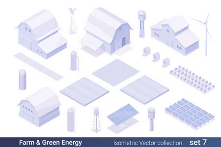 Isometric Flat 3D Architecture Building vector collection: &#xA;Farm and Green Alternative Energy Solar panels, Wind turbineのイラスト素材
