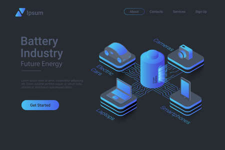 Battery industry Isometric Flat black monochrome vector concept.; Smartphone Camera Car Laptop connected to Batteryのイラスト素材
