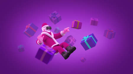 Santa Claus flying in Virtual Reality Space in VR glasses near the Gifts Boxes Ultraviolet 3D illustration. Merry Christmas and Happy New Year Greeting Card Design Templateの写真素材