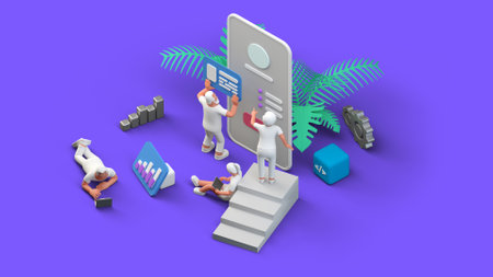 Web UI UX app Design Teamwork concept 3D illustration. Team People Building Creating Application User interface Isometric viewの写真素材