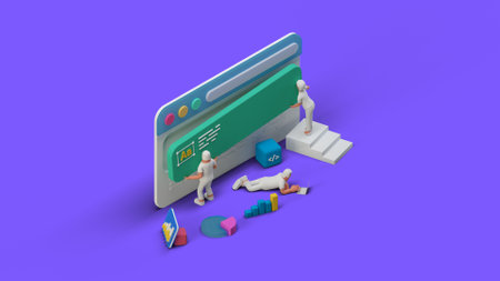 Web UI UX Design Teamwork concept 3D illustration. Team People Building Creating website User interface Isometric viewの写真素材