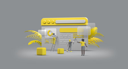 Web Browser UI UX Design Teamwork concept 3D illustration. Team People Building Creating website...