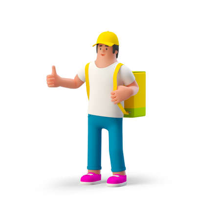 Man Courier in cap Standing with Bag on back and showing Thumbs Up Gesture . Food Delivery Concept 3D rendering illustration isolated on white backgroの写真素材