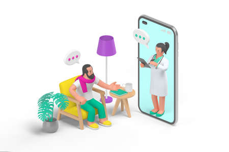 Doctor Consulting Patient Online by smartphone. Physician remotely meeting and diagnosing man sitting in armchair at home using mobile application. Medical Internet Consultation Concept 3D rendering.の写真素材