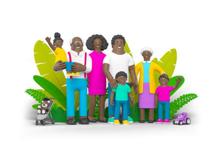 Black Family with Baby People Standing Holding Hands isolated on white background 3D rendering illustration. Mother Father Grandmother Grandfather Daughter Son with Toys in Facial Masks characters.の写真素材