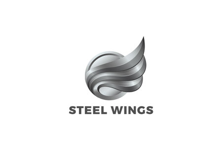 Wings  in Circle design vector template 3D Metallic Style. Metal Wing Steel Mascot Emblemのイラスト素材