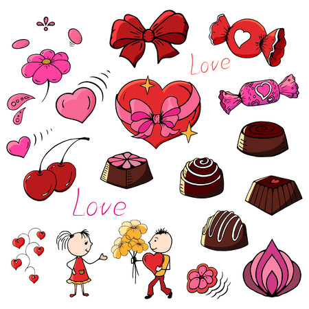 Colored set of elements for Valentine's day background, lover with flowers, chocolate, heart, elements for greeting card decorationのイラスト素材