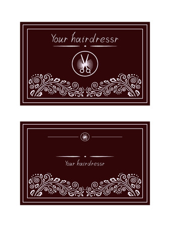 Business card with icon for Barber, a place for a signature, a tool for business transactions, a beautiful silhouette contour shears clippers, vintage abstract eyelids white, Burgundy dark backgroundのイラスト素材