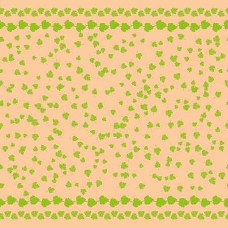 Illustration of seamless pattern with ornament small green leaves, coral background, ornament to decorate the background of the album, postcards or booksの写真素材