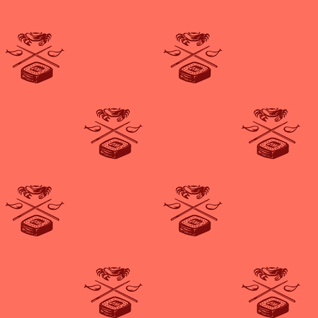 Seamless background, coral color illustration drawing with fish and rice food with sticks, fish and crab elements for printing on paper or fabricのイラスト素材