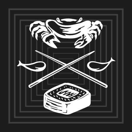 Illustration of black and white contour drawing with fish and rice food with of sticks, fish and crab food tradition label designのイラスト素材