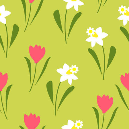 seamless background floral with flowers of spring, tulips and daffodils, vectorのイラスト素材