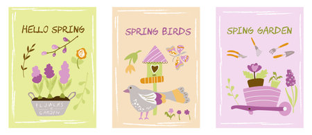 Hello spring. Collection of seasonal cute postcards.Vector illustrationのイラスト素材