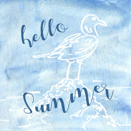 Abstract watercolor summer background .Waves, seagull, hello summer.の写真素材