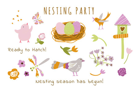 Set of cute graphic elements for a nesting party celebration. Vector illustrationのイラスト素材