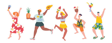 Happy peoples.Summer vacation. Beach. Set of people in bright summer clothes .のイラスト素材