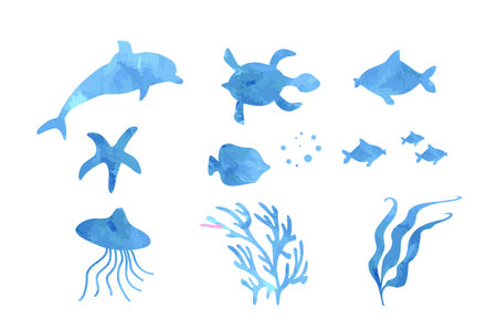 Set silhouettes of underwater world. Watercolor silhouettesのイラスト素材