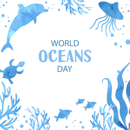 World oceans day. Background with watercolor silhouettesのイラスト素材