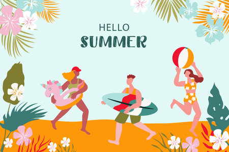 Happy people, beach holidays,summer vacation. Vector illustration with people engaged in active entertainmentのイラスト素材