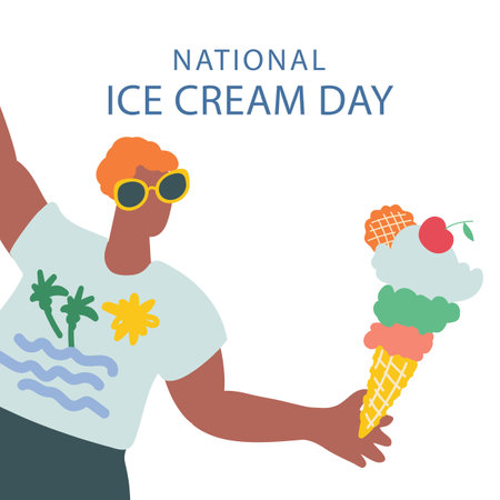 Happy National Ice Cream Day. Funny people in summer clothes holding ice cream in their hands.のイラスト素材