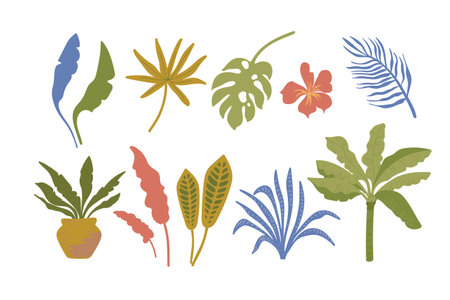 Tropical leaves vector set. Jungle exotic plants .のイラスト素材