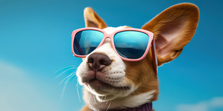 A puppy wearing sunglasses in summer sky backgroundの素材