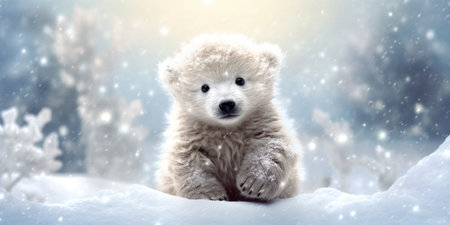 Cute baby polar bear in snow winterの素材