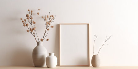 Rectangular vertical frame poster mockup, scandinavian style interior with home decoration on empty neutral white wall background. 3D render illustration.の素材