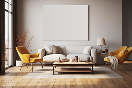 Interior of modern living room with white walls, wooden floor, yellow sofa standing near coffee table and yellow armchair. Vertical mock up poster frame. 3d renderingの素材