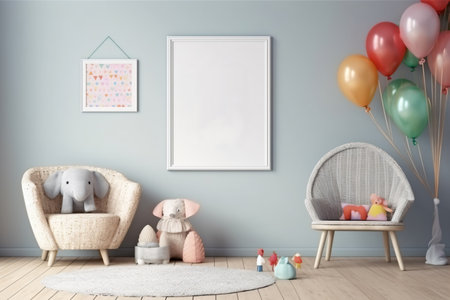 Mock up poster frame in child room interior background, 3D renderingの素材