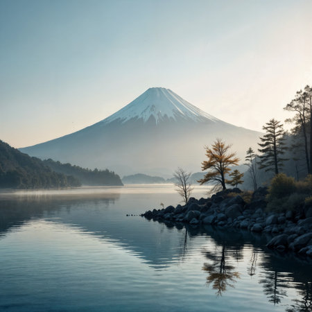 Mt Fuji and Lake Kawaguchiko at sunrise in Japanの素材