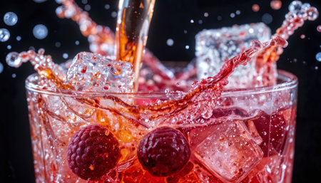 Macro Frozen Motion Splash of Orange Cranberry Juice in Crystal Glassの素材