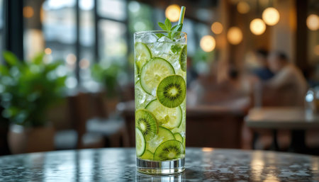 Modern Lifestyle Scene with Kiwi Cucumber Juice in Slim Glass Bottleの素材