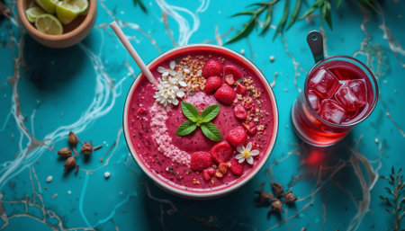 Dragonfruit Smoothie Bowl with Hibiscus Tea in Tropical CafÃ©の素材