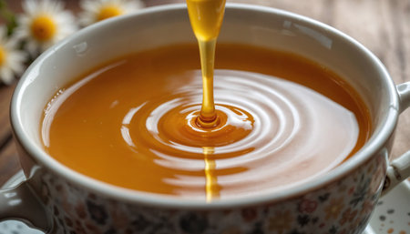 Chamomile Tea Macro with Honey Drop â Rustic Wooden Backgroundの素材