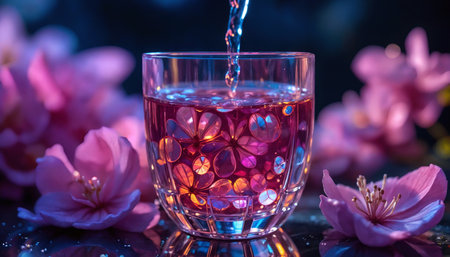 Blue to Violet Butterfly Pea Tea Pouring Macro with Rainbow Reflectionsの素材