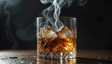 Whiskey Glass with Ice and Smoke â Dramatic Amber Drink Close-Upの素材