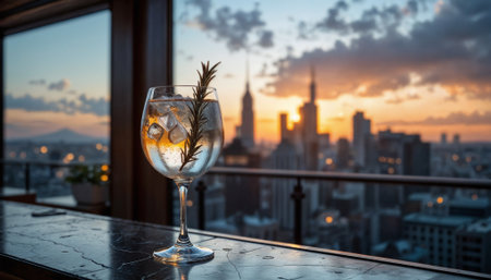 Rooftop Bar Gin and Tonic â Sunset Skyline Cocktail Photographyの素材