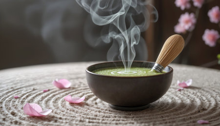 Zen Matcha Whisk and Green Tea in Ceramic Bowl â Japanese Tea Ceremonyの素材